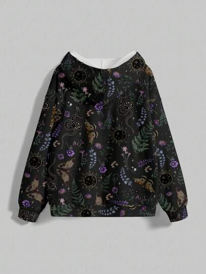 Goth Gothic Style Dark Mushroom, Moth, Bat Horror Dark Full Print Loose Fit Hoodie For Women
