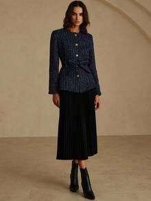 Aveloria بليزر نسائي بياقة مستديرة وأكمام طويلة وكتف محشو ومزين بالخرز والتويد مع حزام - متعدد الألوان - مشاهدة 4