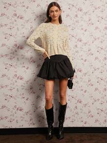 Enchnt Áo len cardigan dệt kim tay dài khoét ngực thêu hoa dành cho nữ - Màu be - Xem 6