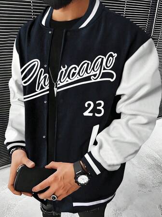 Manfinity Homme メンズカジュアル コントラストカラー パッチワーク レタープリント 長袖ジャケット、秋冬 シカゴ ベースボールジャケット