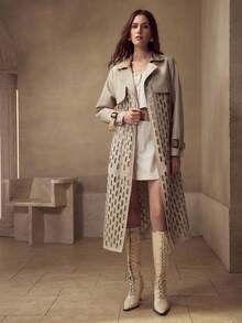 MOTF PREMIUM WOMEN'S AUTUMN/WINTER FASHION HOLLOW OUT CONTRAST COLLAR PU PATCHWORK TRENCH COAT - Light Grey - View 3