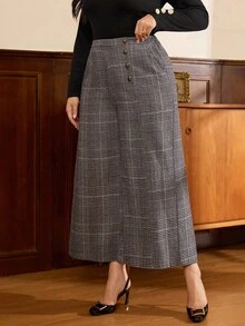 SHEIN Clasi 复古优雅格子大码女西装外套，经典法式复古阔腿裤，秋冬格子女裤，适合秋冬穿着 - 摩卡棕 - 查看 4