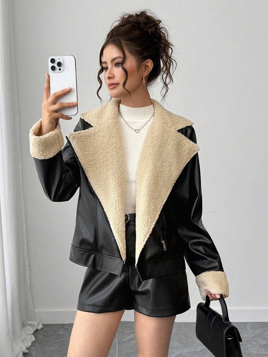少女休闲百搭仿皮夹克，羊羔绒领口和袖口，下摆银色按扣，适合秋冬外出，可搭配长袖上衣、裤子、运动裤 - 黑色 - 查看 1
