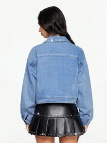 ROMWE Women's Casual Fashion Rhinestone Embellished Drop Shoulder Loose Cropped Denim Jacket, Spring/Autumn - Blue - View 3