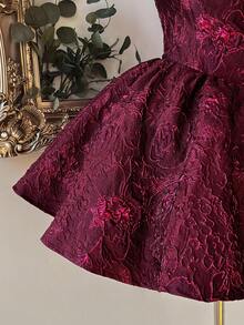 Lovelzi 优雅、浪漫、时尚的勃艮第提花面料露背长袖 A 字裙，适合毕业典礼、学校开学、音乐节、生日派对、婚礼、下午茶聚会、舞会