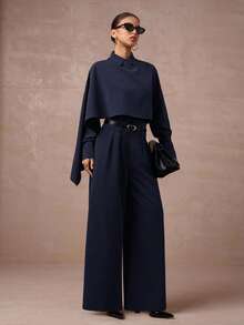 Lumalex 2 件套女式高腰束腰中长连衣裙和长袖西装外套套装秋冬女装 - 藏蓝色 - 查看 9