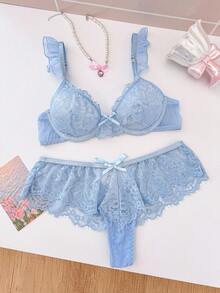 PetitDoll Bộ đồ lót ren gợi cảm 2 món cho nữ - Màu xanh nhạt - Xem 6