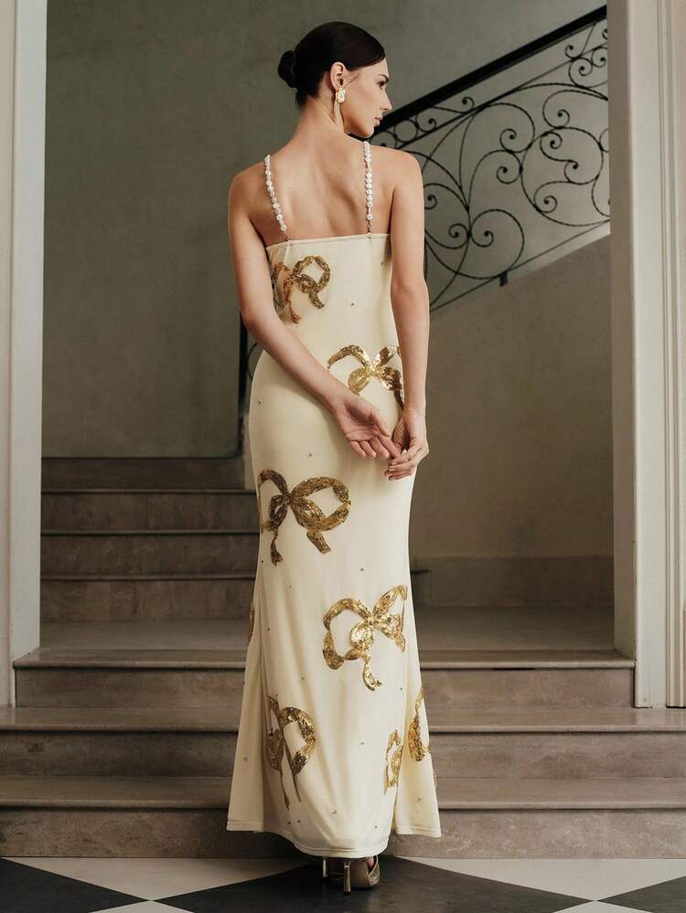 Abito da donna con spalline sottili, nuovo abito elegante con fiocco e paillettes, stile chic da strada adatto per feste, matrimoni, compleanni, autunno, inverno, estate, Capodanno