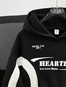 SHEIN Teen Girl Colorblock Letter Print Pattern Loose Casual Sweatshirt Fall Winter - Black and White - View 5