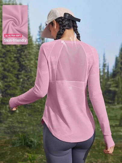 In My Nature Women's Yoga Pilates Fitness Running Training Quick Dry Breathable Mesh Splice Purple Open Thumb Hole Short Sleeve T-Shirt, Women's Outdoor T-Shirt