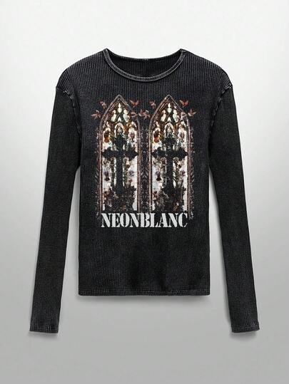 NEON BLANC Men's Casual Cross & Letter Print Elastic T-Shirt, Autumn, Long Sleeve Top