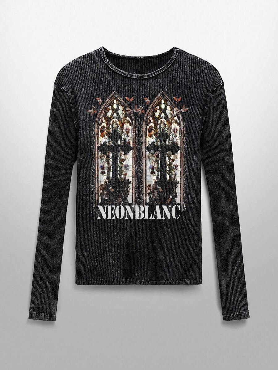 NEON BLANC Men's Casual Cross & Letter Print Elastic T-Shirt, Autumn, Long Sleeve Top - Black - View 1