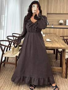 Weeklong Plus Size Women's Solid Color Ruffle V-Neck Long Sleeve Elegant Dress Fall Cloth For Women - Brown - View 6