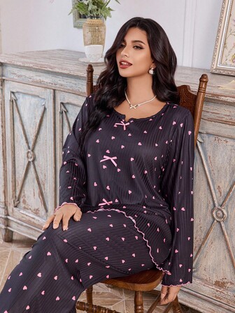 CottageSlumber Damen Große Größen Gerippter Rüschen-Saum Herz-Muster Langarm-Top & Hose Pyjama Set mit Schleife, Herbst-Winter Kleidung Kurven Pyjama Set