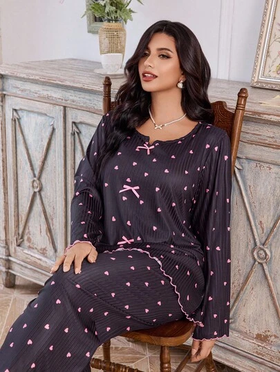 CottageSlumber Plus Size Women Ribbed Ruffle Trim Heart Print Long Sleeve Top & Pants Pajama Set With Bow, Fall Winter Clothes Curve Pajamas Set