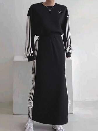 2pcs/Set Teenage Girls Back To School Casual Fashion T-Shirt Set, Knit Fabric White Bow Print Pattern Black Round Neck Design Sleeve Side White 3D Bow White Stripes Casual Long Sleeve Sweatshirt Paired With White 3D Bow Striped Mini Skirt, Suitable For Autumn/Winter, Minimalist Casual Korean Style For Daily, School, Travel, Photo Shoot Fall