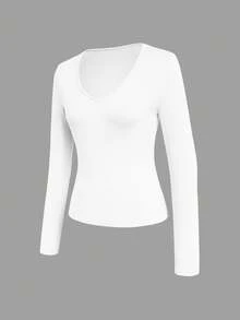 INAWLY Casual V-Neck Long Sleeve T-Shirt For Spring And Summer Fall Cloth For Women - White - View 4