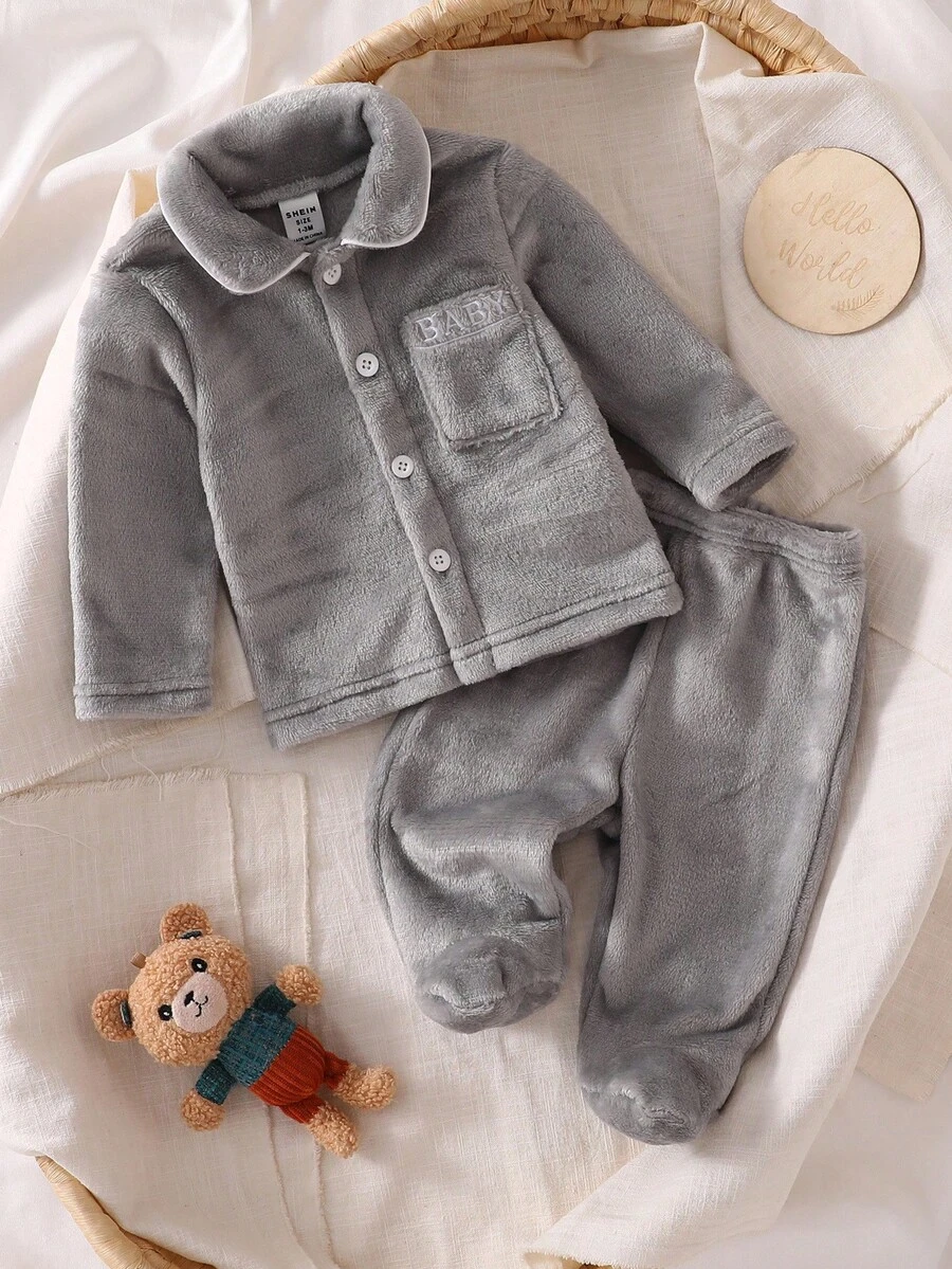 2pcs Newborn Baby Girls' Cute Bow Pattern Long Sleeve Top And Pants Casual Comfortable Pajama Set Baby Boy Winter Clothes Set Newborn Toddler Pajamas Newborn Baby Layette Set - Grey - View 1