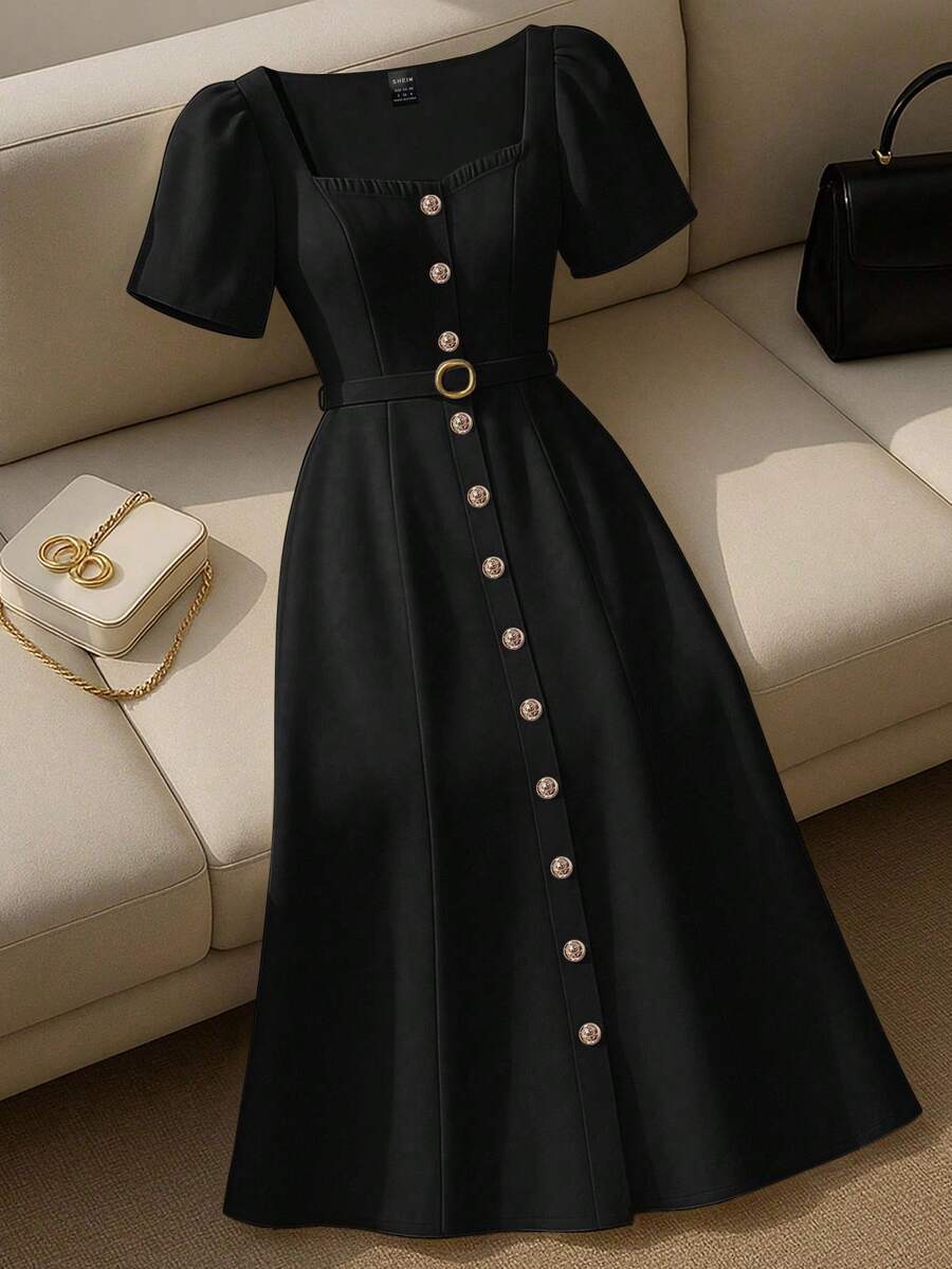 Franclia 女士优雅通勤纯色泡泡袖纽扣连衣裙，夏季黑色纽扣连衣裙，经典黑色连衣裙，法式黑色连衣裙，纽扣中长连衣裙，夏季大学校园服装 - 黑色 - 查看 1