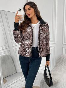 EMERY ROSE Veste d'hiver décontractée à fermeture éclair avec imprimé léopard pour femmes