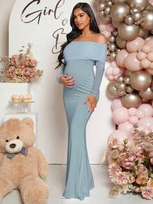Loomaby Pregnant Women Off-Shoulder Fishtail Baby Shower Long Sleeve Dress For Maternity