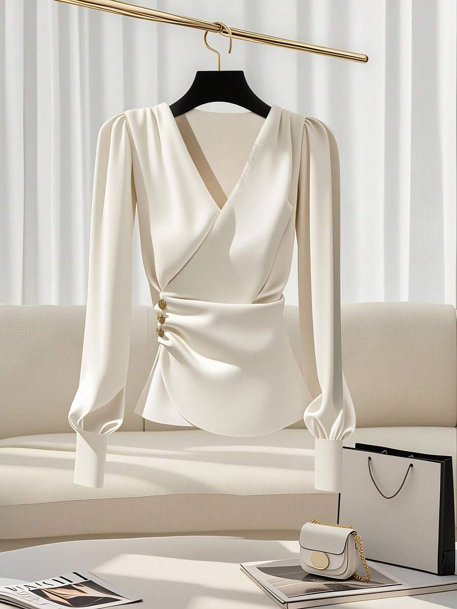 Franclia Elegant And Fashionable V-Neck Waist-Cinching Long-Sleeved Autumn And Winter Going Out Shirts For Women, Casual Shirts For Women White Shirts Women's Shirts Fashionable Women's Shirts, Elegant Women's Shirts Women's Social Blouse