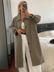 DAZY 女士休闲宽松格子拼接长袖翻领袖口街头风外套，秋冬女式外套 - 卡其色 - 查看 1