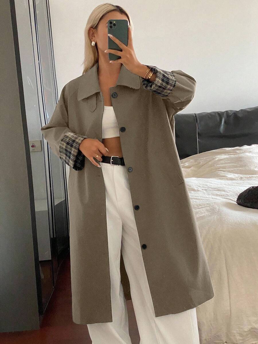 DAZY 女士休闲宽松格子拼接长袖翻领袖口街头风外套，秋冬女式外套 - 卡其色 - 查看 1