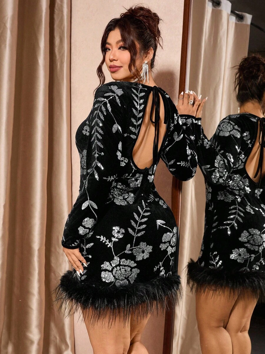 Cravure Đầm nhung thêu sequin lông giả cổ tròn màu đen dự tiệc sang trọng cỡ lớn - màu đen - Xem 1