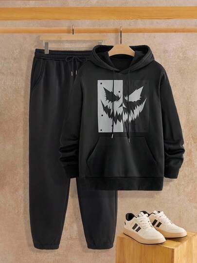 Manfinity NXTstreet 2pcs/Set Men's Autumn/Winter Ghost Face Rhinestone Print Hoodie Set Men Casual Sets Mens Street Wear Sets Men Hoodie And Sweatpants Set Men Sweatsuit Set Spider Hoodie Set