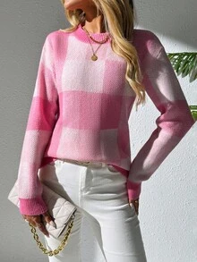 EMERY ROSE Suéter casual de cuello redondo de manga larga a cuadros para mujer, otoño/invierno - Rosa - Ver 3