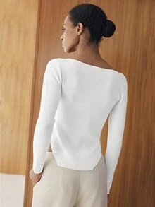 SHEIN LUNE Áo len chui đầu cổ bẻ đa năng ôm sát - trắng - Xem 2
