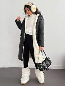 Sparklyn Teen Girl Black Casual Minimalist Thickened Long Padded Coat, With White Thermal Lined, Dual Flap Pockets, Suitable For Daily Outings, Winter, And Skiing - Black - View 8