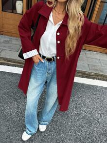 SHEIN LUNE 女士休闲纯色撞色条纹拼接基本款夹克，日常穿着，秋冬 - 酒紅色 - 查看 7