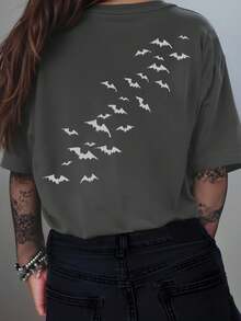 EMERY ROSE 女式圆领短袖T恤，带有鬼屋和蝙蝠印花，万圣节T恤，适合春夏季