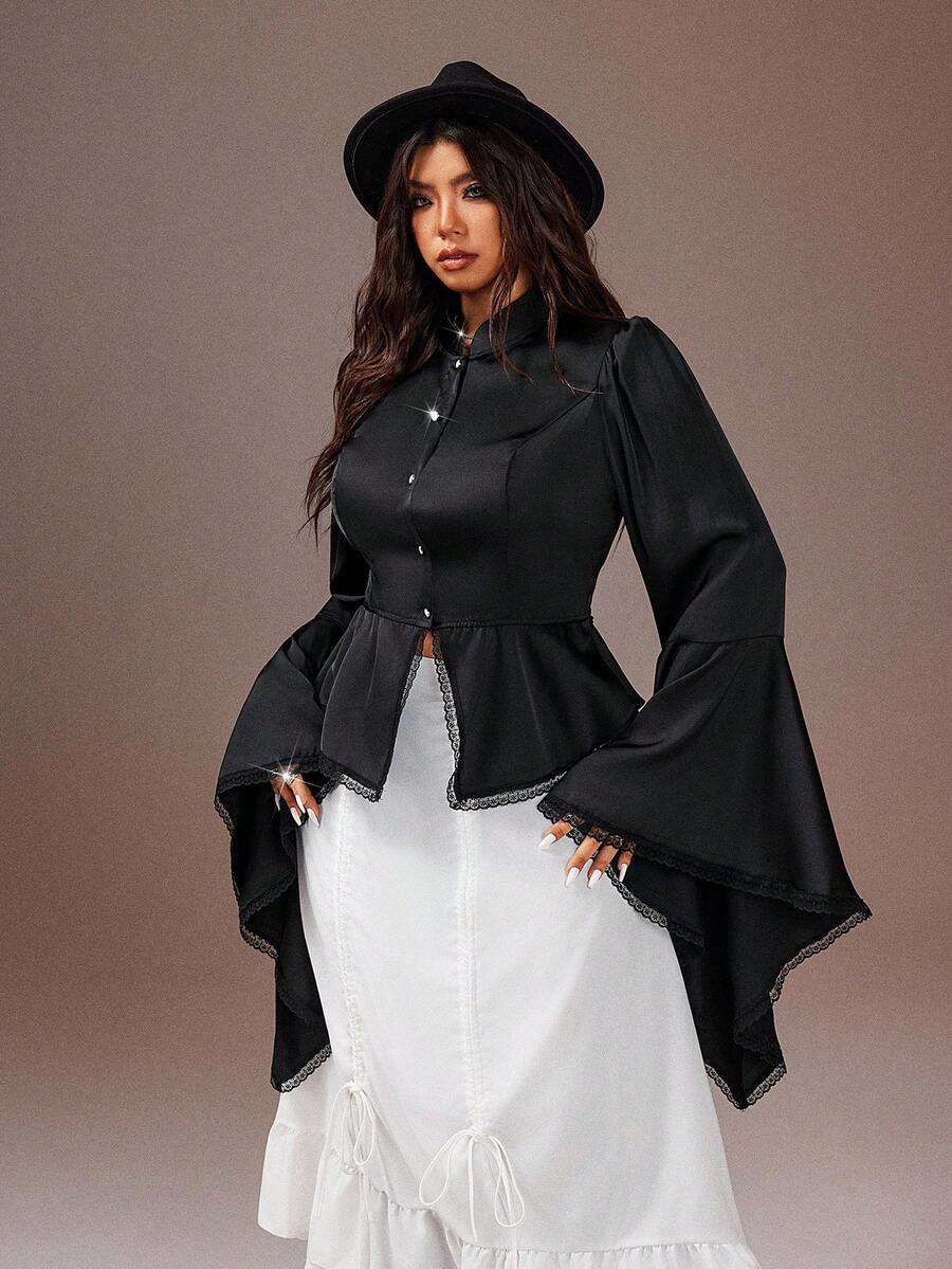 Rustia Plus Size Elegant Solid Color Bell Sleeve Blouse