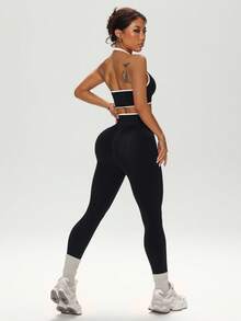 Slayform 女式撞色绑带吊带上衣和高腰紧身裤运动套装