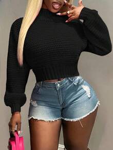 BamGleam Pulover de damă, Top de damă, Mâneci lungi tricotate, Model cu valuri, Model orizontal, Decolteu rotund, Roz, Scurt, Sexy, Lejer, Adunare prietenoasă, Four Seasons, Îmbrăcăminte de damă de toamnă și iarnă - Negru - Vizualizare 6