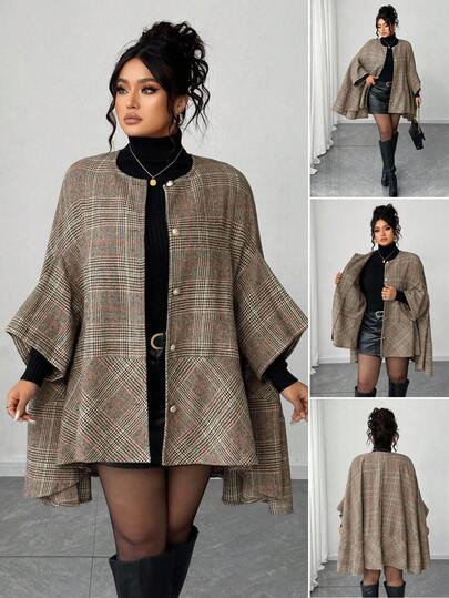 Elenzga Plus Size Women Casual Round Neck Striped Plaid Single-Breasted Loose Batwing Sleeve Cardigan Jacket