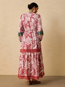 SHEIN VCAY 大码女式粉色热带花卉几何印花连衣裙，V领长袖蕾丝拼接长裙，秋冬朴素连衣裙 - 粉色 - 查看 2