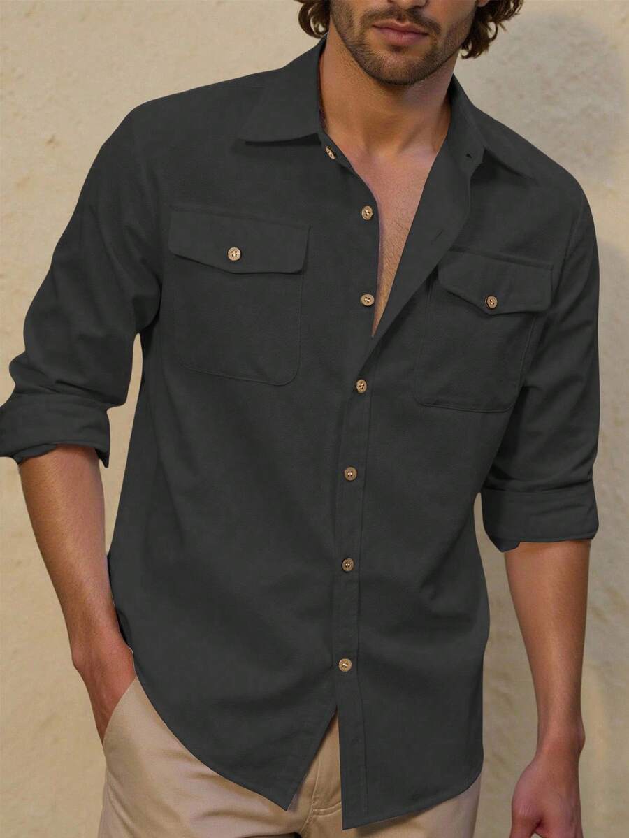 Manfinity Homme Áo sơ mi nam tay dài, đơn hàng, màu trơn, có túi đôi, thường ngày/công sở, mùa thu - màu đen - Xem 1