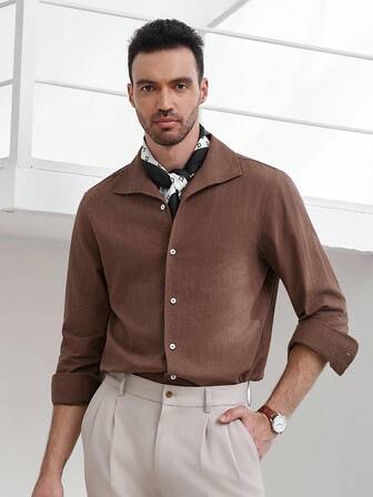 Manfinity CityGents 男士经典前开襟长袖休闲棕色衬衫，商务休闲上衣，欧式风格棕色衬衫，情侣款，也是送给男友或丈夫的绝佳礼物，秋季必备。