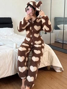 SHEIN 女士毛绒爱心图案耳朵装饰连帽蓬松连体衣，适合秋冬季节，舒适保暖 - 彩色 - 查看 7