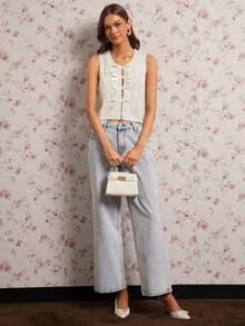 Enchnt Women's Off White Bow Decoration Casual Knit Vest,Autumn Elegant Sweet&Fashionable Brunch Date Holiday Birthday Party Halloween Clothes - Apricot - View 3