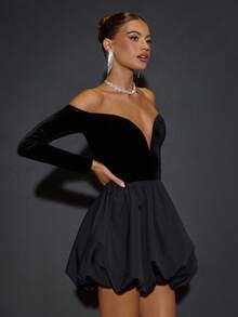 SHEIN BAE Elegantes Minikleid mit Samt-Oberteil und Blumen-Saum, Langarm, geeignet für lässige Dates, Nachtclub-Partys, Cocktail-Partys, romantische Dates, Herbst-/Winterschichten, Zusammenkünfte, Halloween, Weihnachten