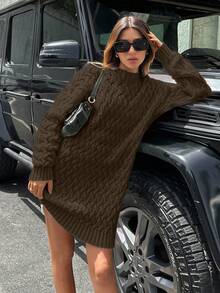 EURMUSE Cable Knit Bodycon Sweater Mini Dress - Mocha Brown - View 3
