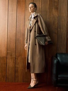 Revavyn 法式优雅通勤女士翻领收腰灯笼袖中长款风衣，适合所有季节 - 棕色 - 查看 7