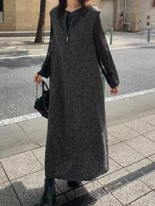 FRIFUL Women's Casual Loose Zip-Up Sleeveless Round Neck Dress, Autumn Prom Dress Maxi Dress - Black - View 6