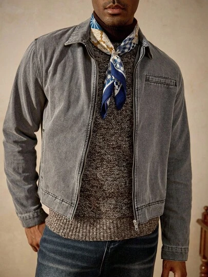 RivetRise Men's Dark Grey Washed Loose Casual Short Cropped Denim Classic Jacket Going Out Hang Out College Street Work