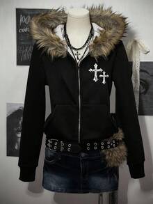 Attitoon Women's Casual Zip-Up Thermal Lined Hooded Sweatshirt With Fur Collar, Suitable For Fall/Winter, Retro Vintage, Y2k, Cross Graphic Print, Streetwear, Vintage, Retro, Grunge, Punk